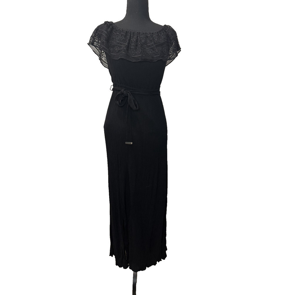 Whimsigoth Black Dress Rayon Boho Long Slit Lace Detail Gothic Cottage Size XS